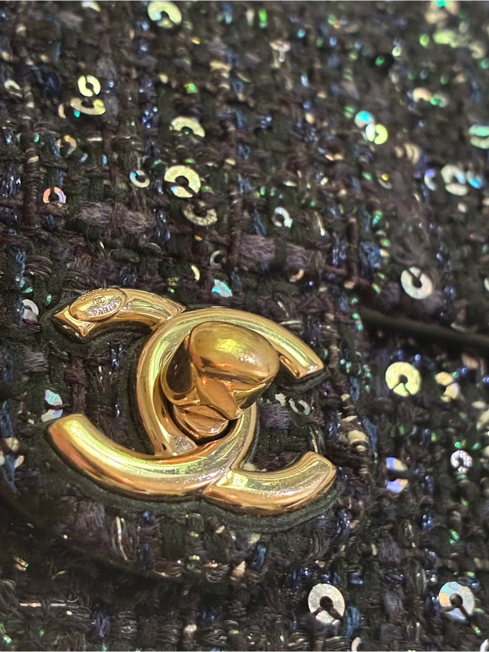 Chanel Black Sequined Pearl-Handle classic flap Mini Shoulder Bag runway